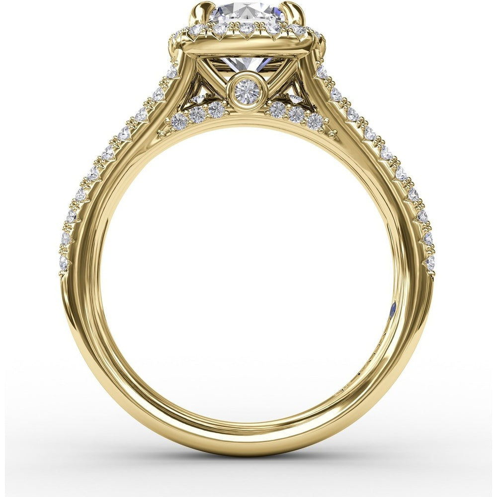 Cushion-Shaped Diamond Halo Engagement Ring Setting with Triple-Row Split Shank Diamond Band by Fana - 0.72 Carat Total Diamond Weight