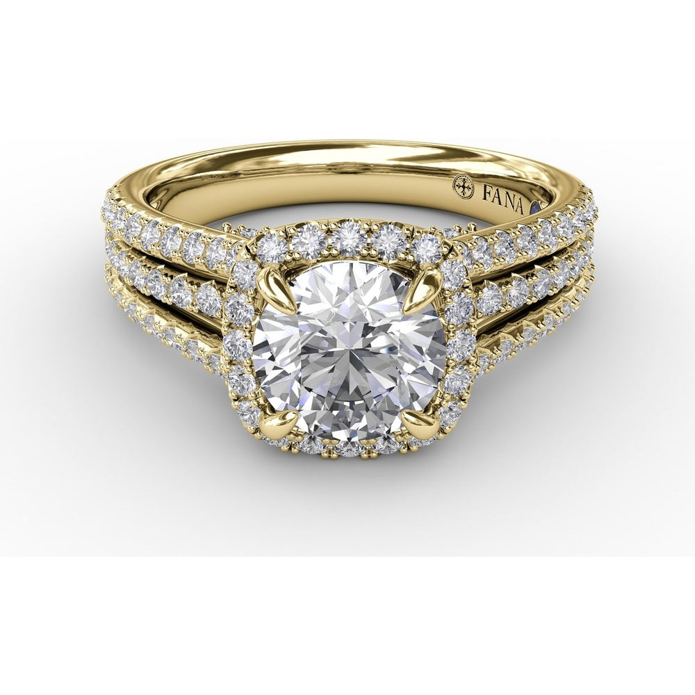 Cushion-Shaped Diamond Halo Engagement Ring Setting with Triple-Row Split Shank Diamond Band by Fana - 0.72 Carat Total Diamond Weight