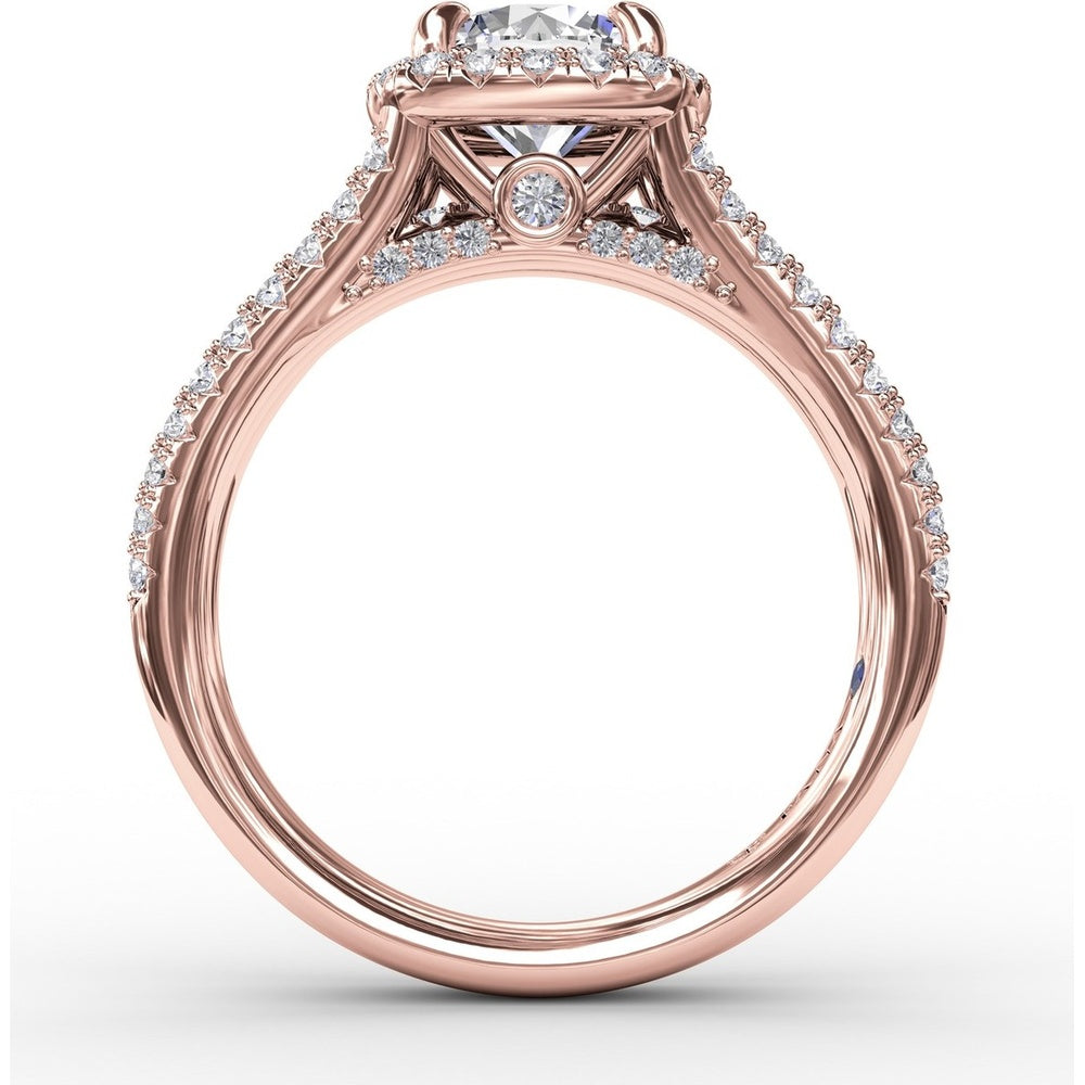 Cushion-Shaped Diamond Halo Engagement Ring Setting with Triple-Row Split Shank Diamond Band by Fana - 0.72 Carat Total Diamond Weight