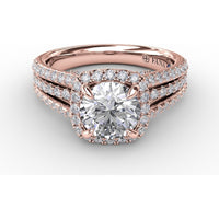 Cushion-Shaped Diamond Halo Engagement Ring Setting with Triple-Row Split Shank Diamond Band by Fana - 0.72 Carat Total Diamond Weight
