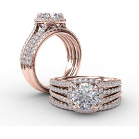 Cushion-Shaped Diamond Halo Engagement Ring Setting with Triple-Row Split Shank Diamond Band by Fana - 0.72 Carat Total Diamond Weight