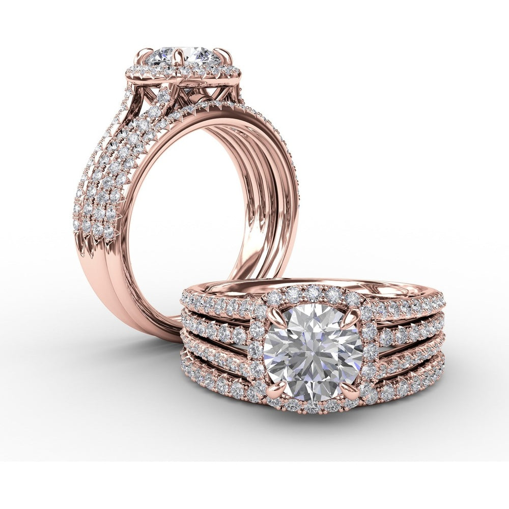 Cushion-Shaped Diamond Halo Engagement Ring Setting with Triple-Row Split Shank Diamond Band by Fana - 0.72 Carat Total Diamond Weight