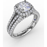Cushion-Shaped Diamond Halo Engagement Ring Setting with Triple-Row Split Shank Diamond Band by Fana - 0.72 Carat Total Diamond Weight