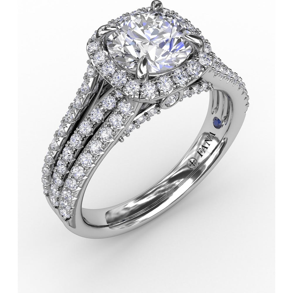Cushion-Shaped Diamond Halo Engagement Ring Setting with Triple-Row Split Shank Diamond Band by Fana - 0.72 Carat Total Diamond Weight