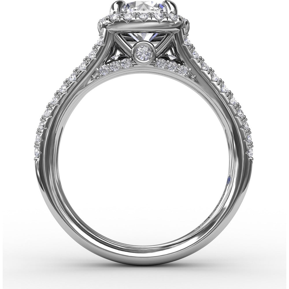 Cushion-Shaped Diamond Halo Engagement Ring Setting with Triple-Row Split Shank Diamond Band by Fana - 0.72 Carat Total Diamond Weight
