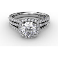 Cushion-Shaped Diamond Halo Engagement Ring Setting with Triple-Row Split Shank Diamond Band by Fana - 0.72 Carat Total Diamond Weight