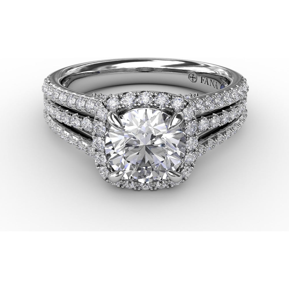 Cushion-Shaped Diamond Halo Engagement Ring Setting with Triple-Row Split Shank Diamond Band by Fana - 0.72 Carat Total Diamond Weight