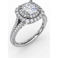 Cushion-Shaped Double Halo Pavé Diamond Engagement Ring Setting with Split Shank by Fana - 0.67 Carat Total Diamond Weight