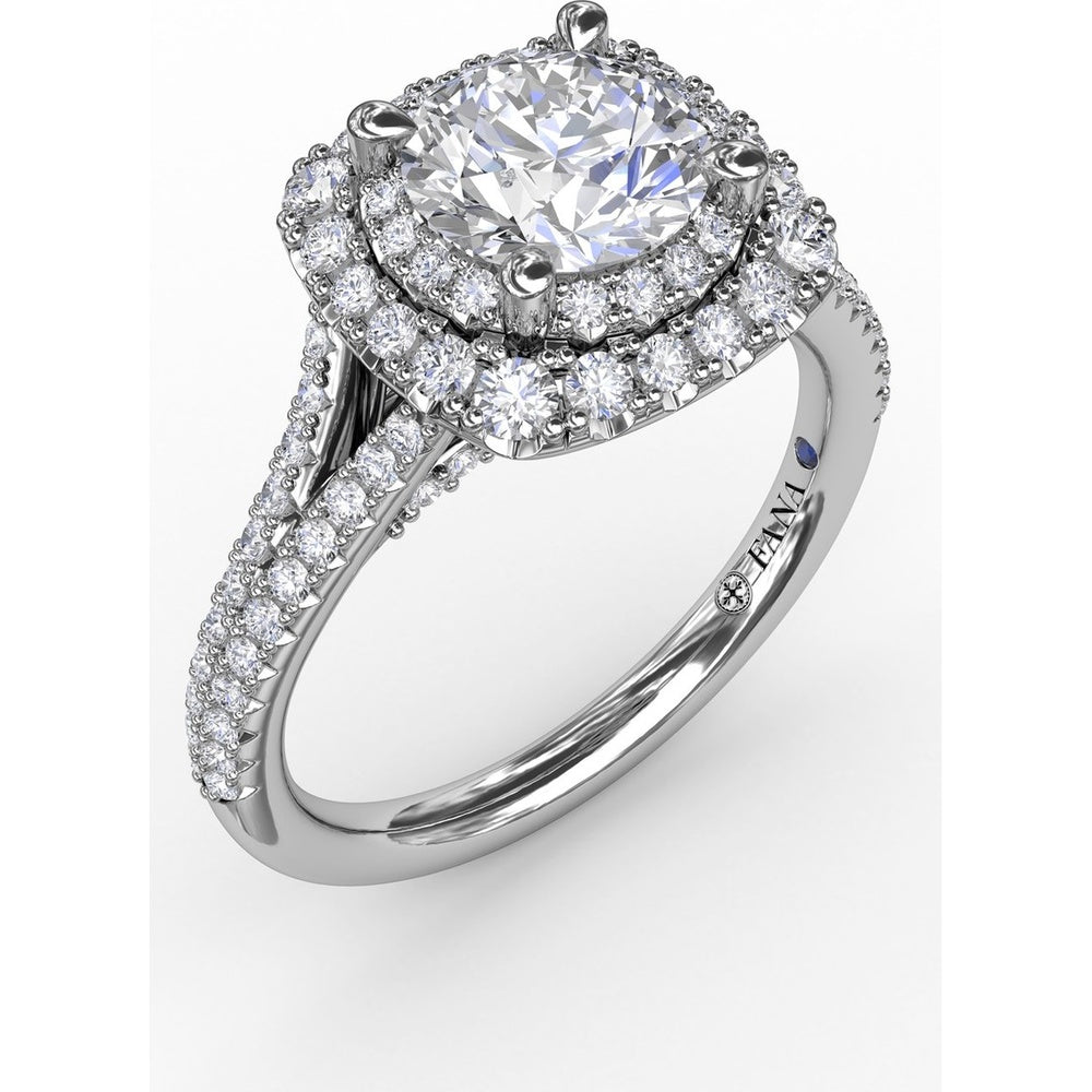 Cushion-Shaped Double Halo Pavé Diamond Engagement Ring Setting with Split Shank by Fana - 0.67 Carat Total Diamond Weight