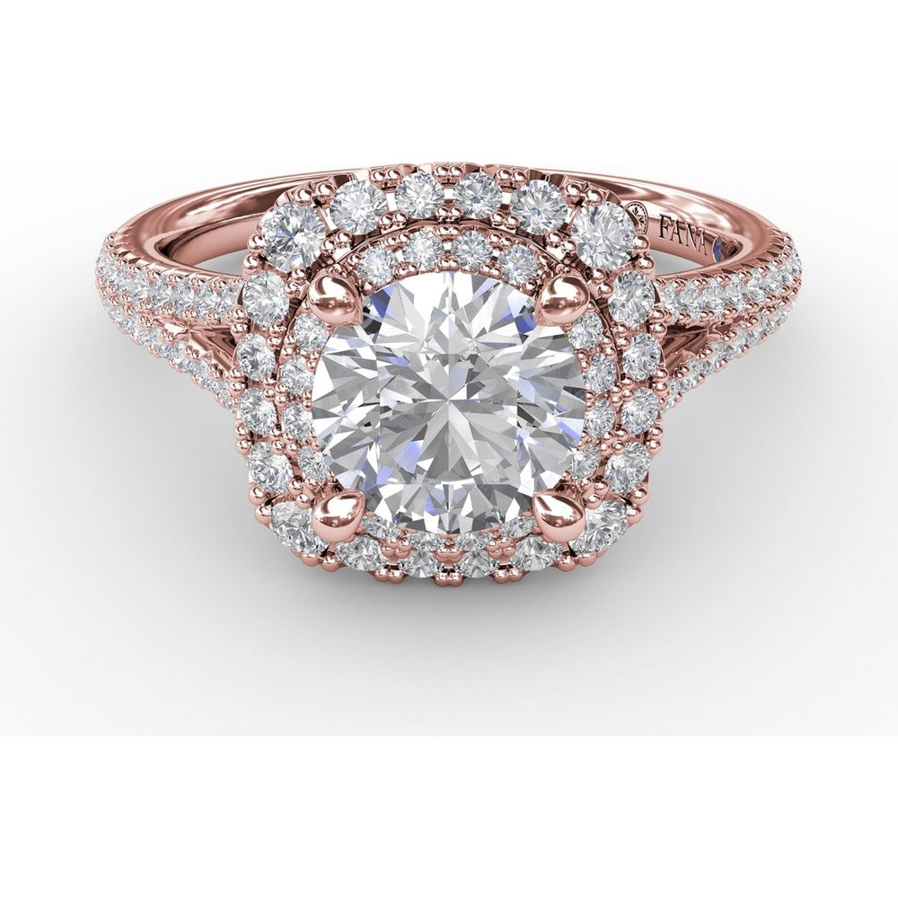 Cushion-Shaped Double Halo Pavé Diamond Engagement Ring Setting with Split Shank by Fana - 0.67 Carat Total Diamond Weight