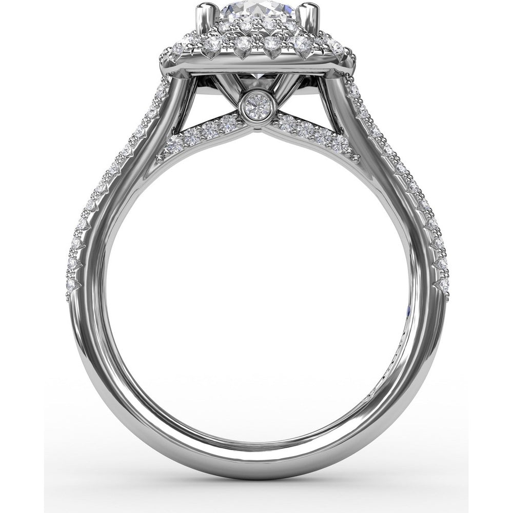 Cushion-Shaped Double Halo Pavé Diamond Engagement Ring Setting with Split Shank by Fana - 0.67 Carat Total Diamond Weight