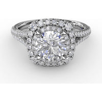 Cushion-Shaped Double Halo Pavé Diamond Engagement Ring Setting with Split Shank by Fana - 0.67 Carat Total Diamond Weight