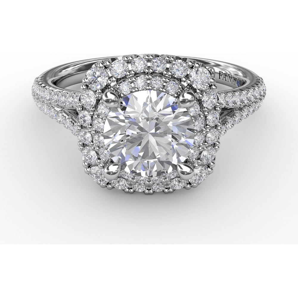 Cushion-Shaped Double Halo Pavé Diamond Engagement Ring Setting with Split Shank by Fana - 0.67 Carat Total Diamond Weight