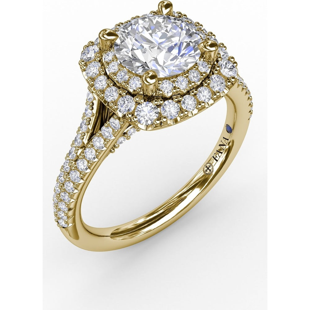 Cushion-Shaped Double Halo Pavé Diamond Engagement Ring Setting with Split Shank by Fana - 0.67 Carat Total Diamond Weight
