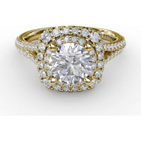 Cushion-Shaped Double Halo Pavé Diamond Engagement Ring Setting with Split Shank by Fana - 0.67 Carat Total Diamond Weight