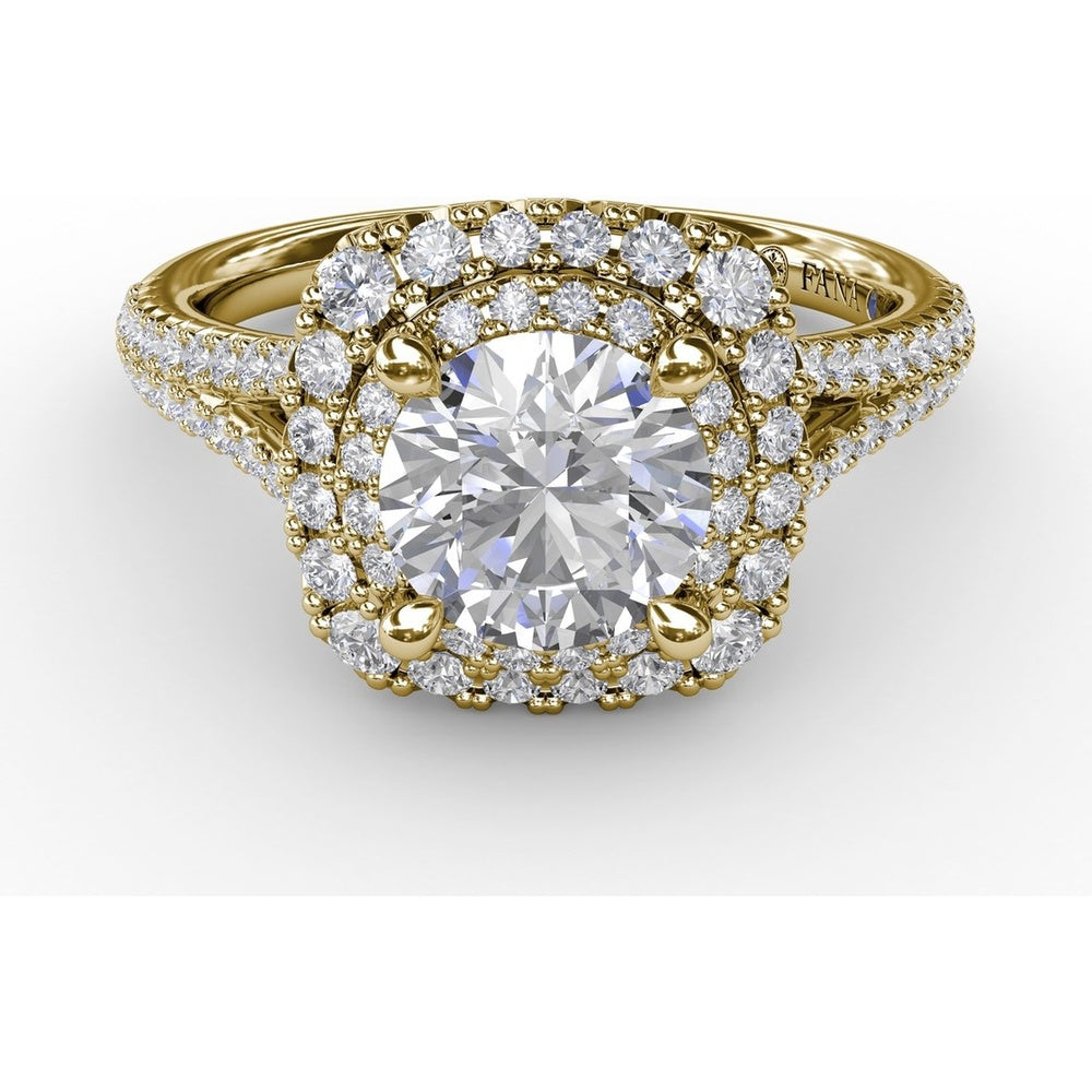 Cushion-Shaped Double Halo Pavé Diamond Engagement Ring Setting with Split Shank by Fana - 0.67 Carat Total Diamond Weight