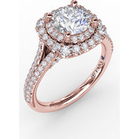 Cushion-Shaped Double Halo Pavé Diamond Engagement Ring Setting with Split Shank by Fana - 0.67 Carat Total Diamond Weight
