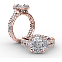 Cushion-Shaped Halo Diamond Engagement Ring Setting with Diamond Band by Fana - 0.59 Carat Total Diamond Weight