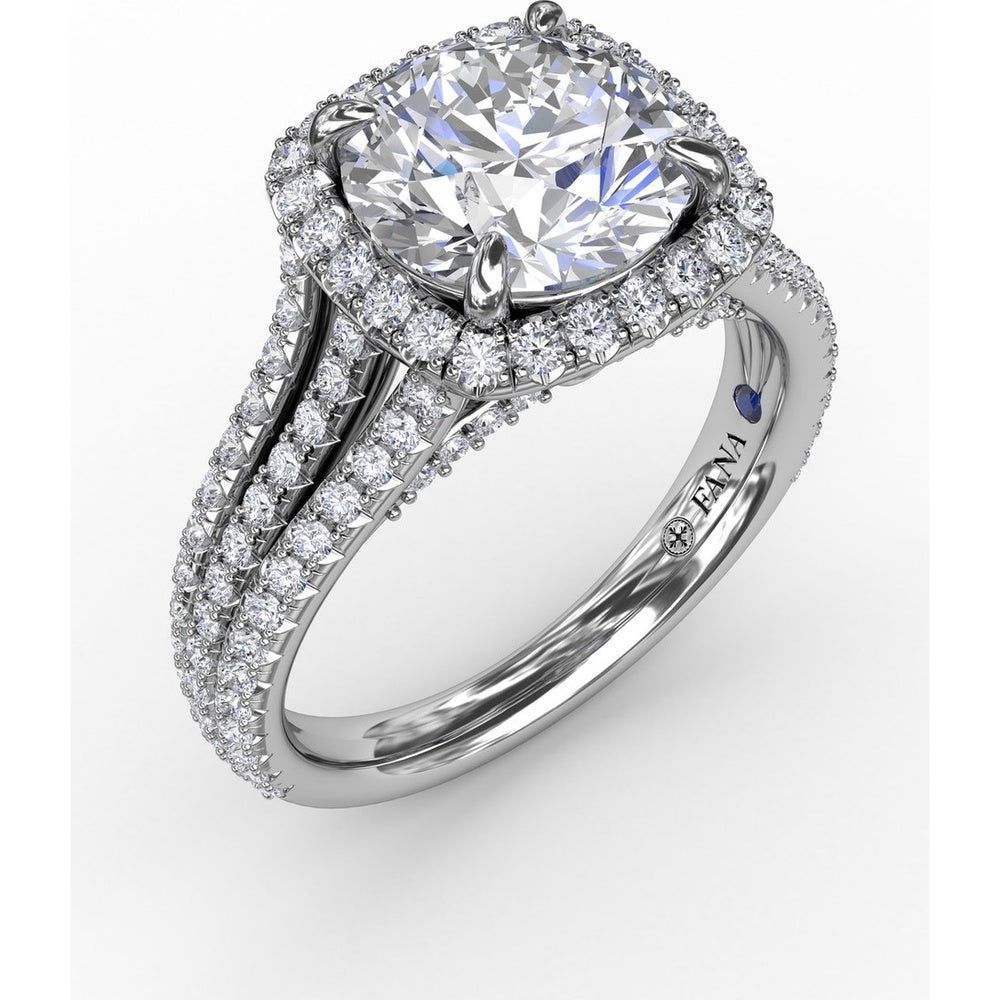 Cushion-Shaped Halo Engagement Ring Setting with Triple-Row Round Diamond Band by Fana - 0.85 Carat Total Diamond Weight