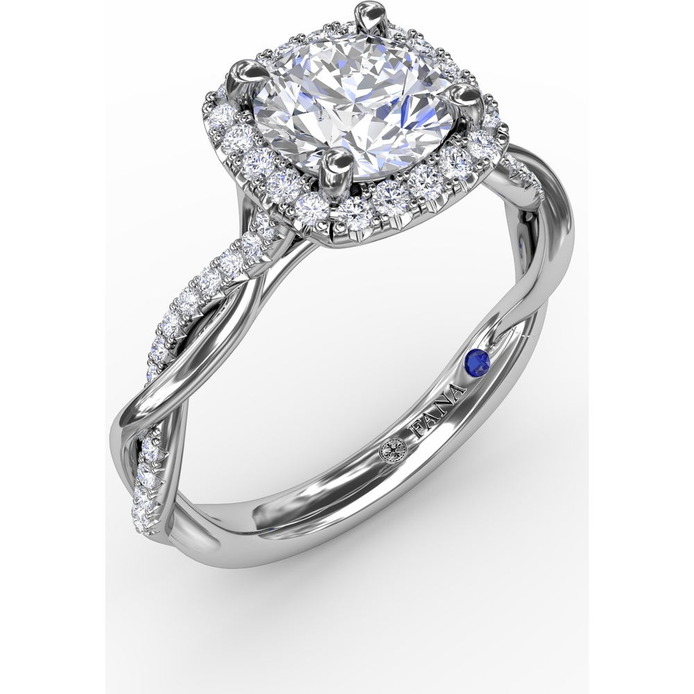 Cushion-Shaped Halo Engagement Ring Setting with Twisted Pavé Shank and Surprise Diamond by Fana - 0.30 Carat Total Diamond Weight