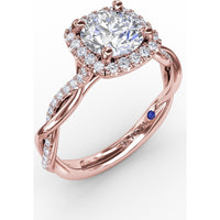 Cushion-Shaped Halo Engagement Ring Setting with Twisted Pavé Shank and Surprise Diamond by Fana - 0.30 Carat Total Diamond Weight