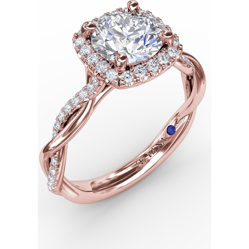 Cushion-Shaped Halo Engagement Ring Setting with Twisted Pavé Shank and Surprise Diamond by Fana - 0.30 Carat Total Diamond Weight