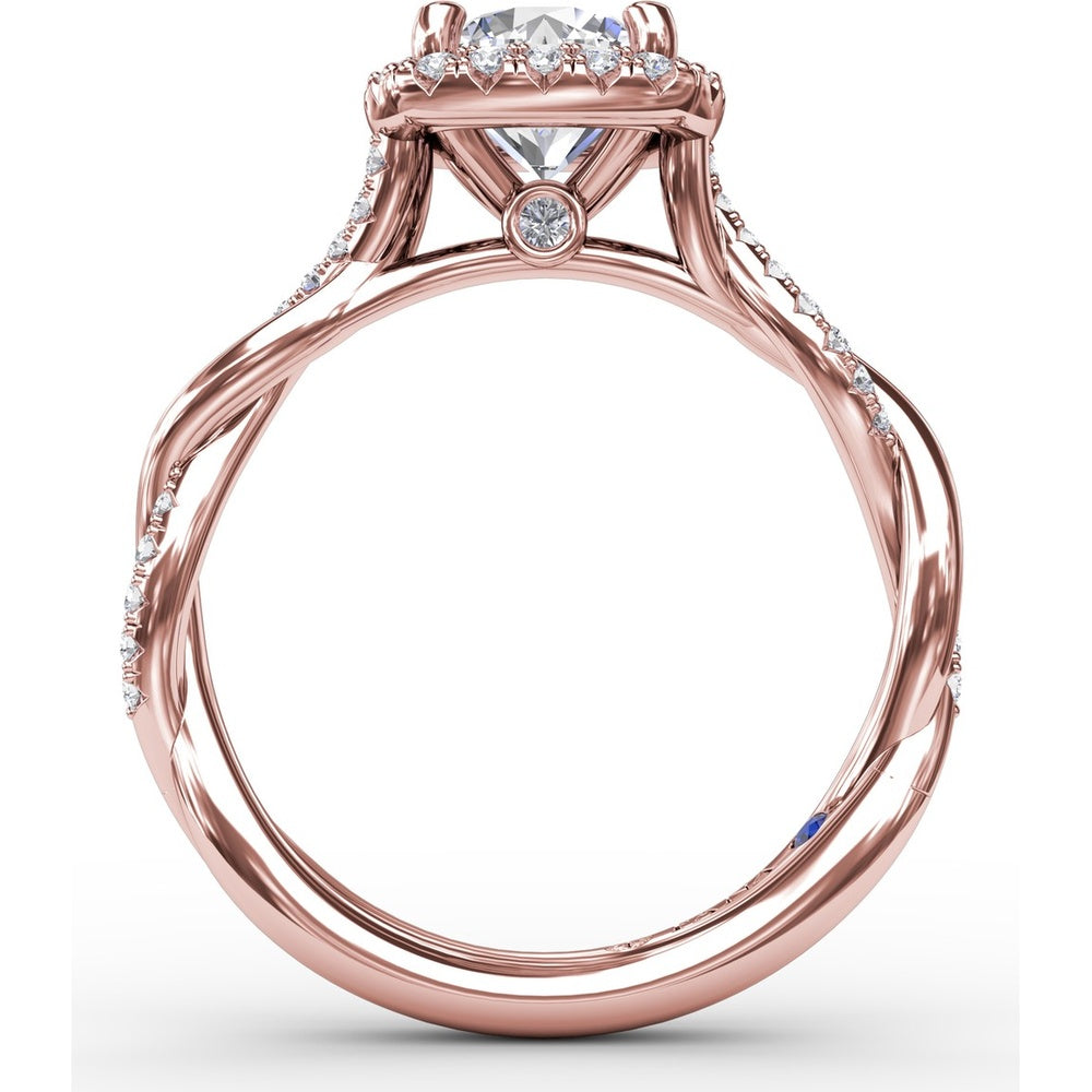 Cushion-Shaped Halo Engagement Ring Setting with Twisted Pavé Shank and Surprise Diamond by Fana - 0.30 Carat Total Diamond Weight