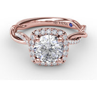 Cushion-Shaped Halo Engagement Ring Setting with Twisted Pavé Shank and Surprise Diamond by Fana - 0.30 Carat Total Diamond Weight