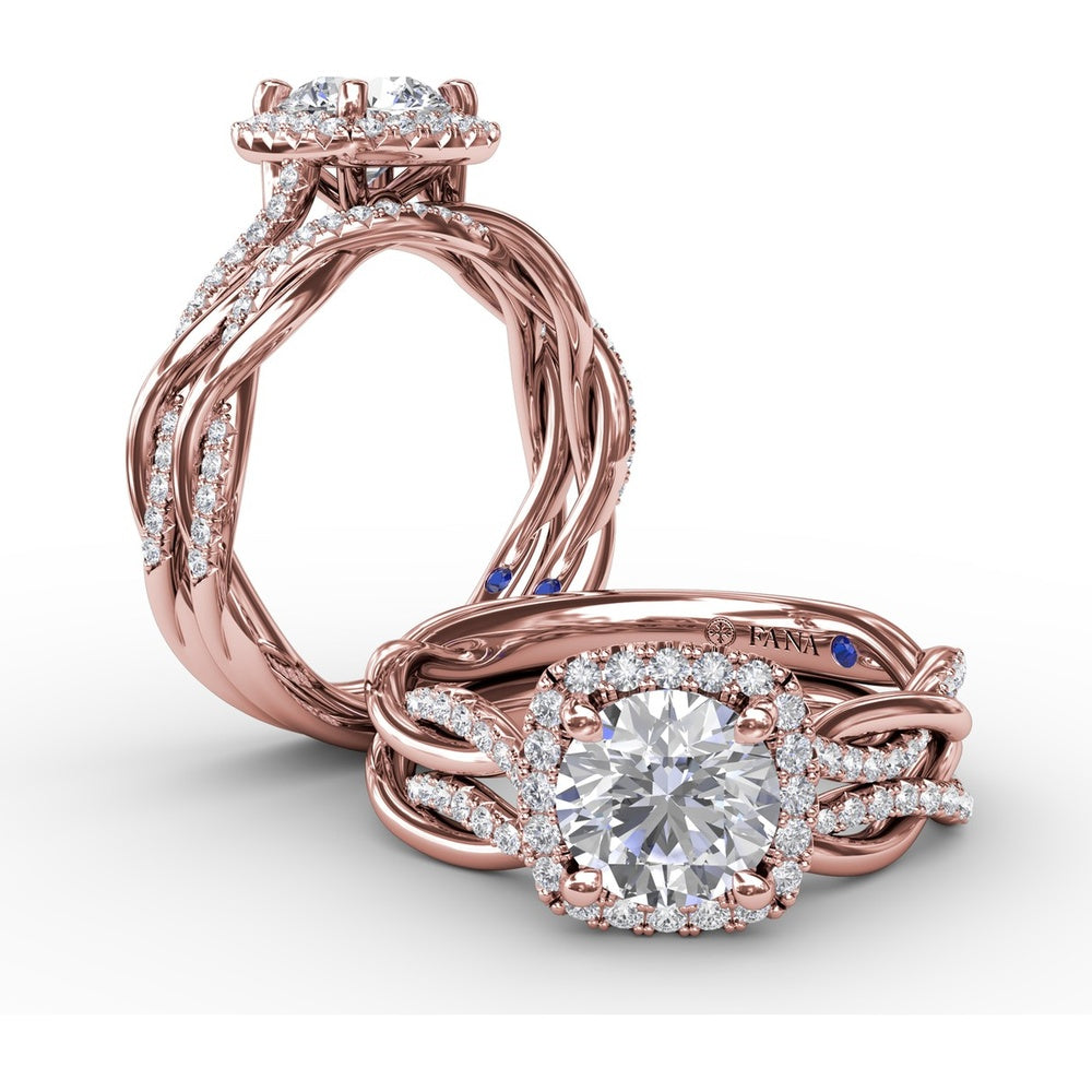 Cushion-Shaped Halo Engagement Ring Setting with Twisted Pavé Shank and Surprise Diamond by Fana - 0.30 Carat Total Diamond Weight