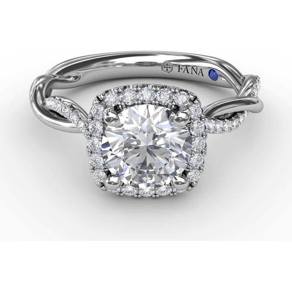 Cushion-Shaped Halo Engagement Ring Setting with Twisted Pavé Shank and Surprise Diamond by Fana - 0.30 Carat Total Diamond Weight