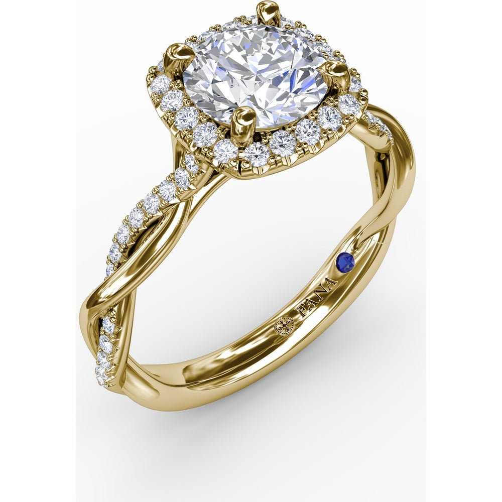 Cushion-Shaped Halo Engagement Ring Setting with Twisted Pavé Shank and Surprise Diamond by Fana - 0.30 Carat Total Diamond Weight