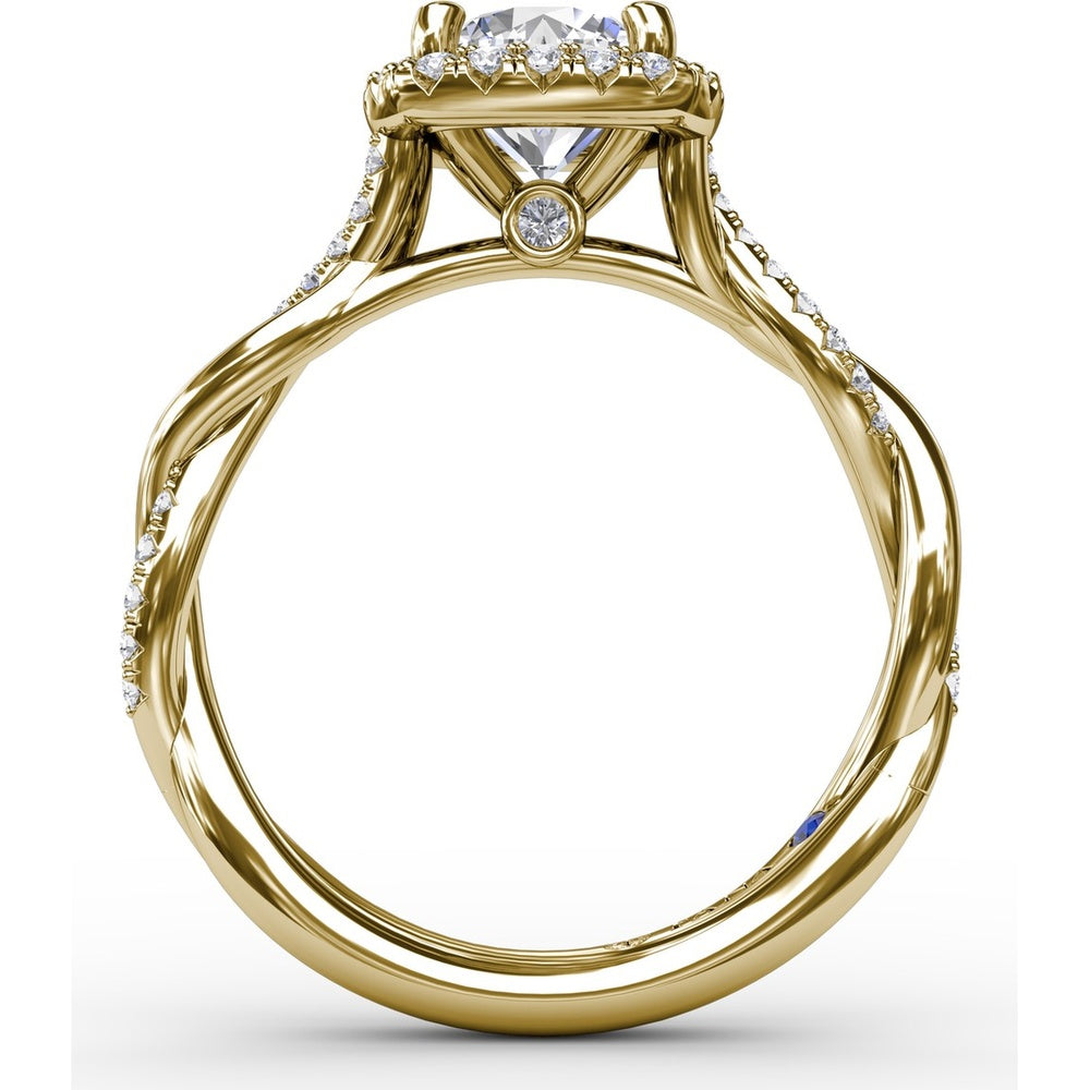 Cushion-Shaped Halo Engagement Ring Setting with Twisted Pavé Shank and Surprise Diamond by Fana - 0.30 Carat Total Diamond Weight
