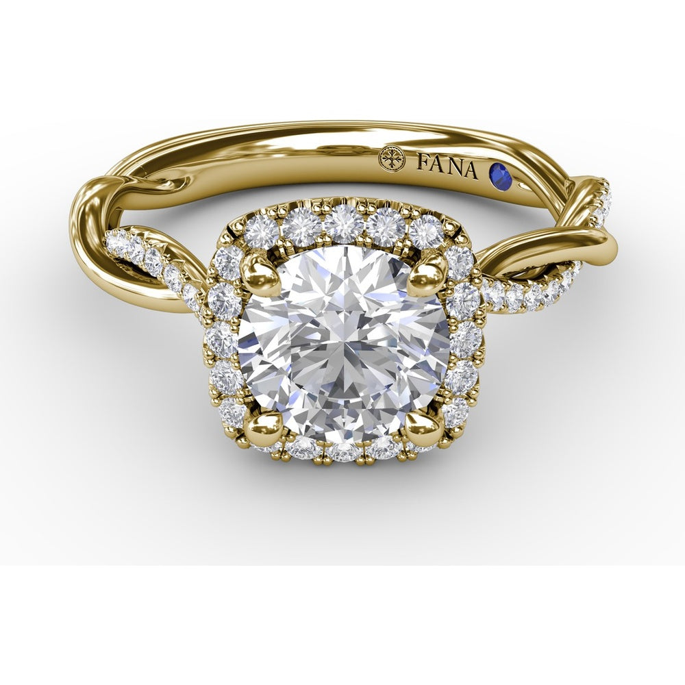 Cushion-Shaped Halo Engagement Ring Setting with Twisted Pavé Shank and Surprise Diamond by Fana - 0.30 Carat Total Diamond Weight