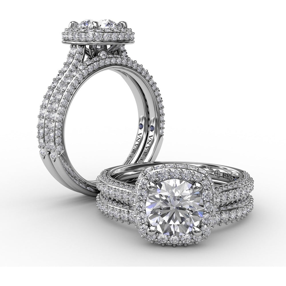 Cushion-Shaped Waterfall Halo Engagement Ring Setting with Pavé Split-Shank Band by Fana - 0.79 Carat Total Diamond Weight