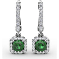Dangle Earrings with Cushion Cut Emerald and Pavé Diamond Halo by Fana - 0.80 Carat Total Gemstone Weight