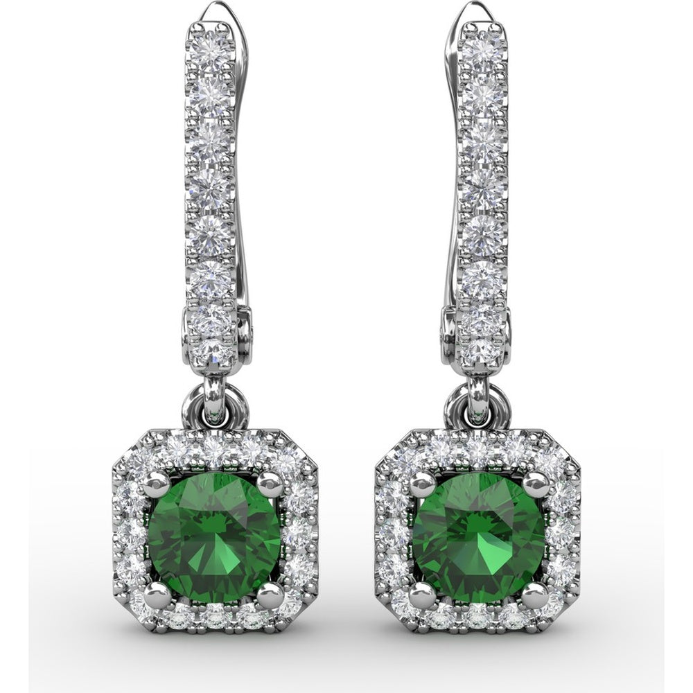 Dangle Earrings with Cushion Cut Emerald and Pavé Diamond Halo by Fana - 0.80 Carat Total Gemstone Weight