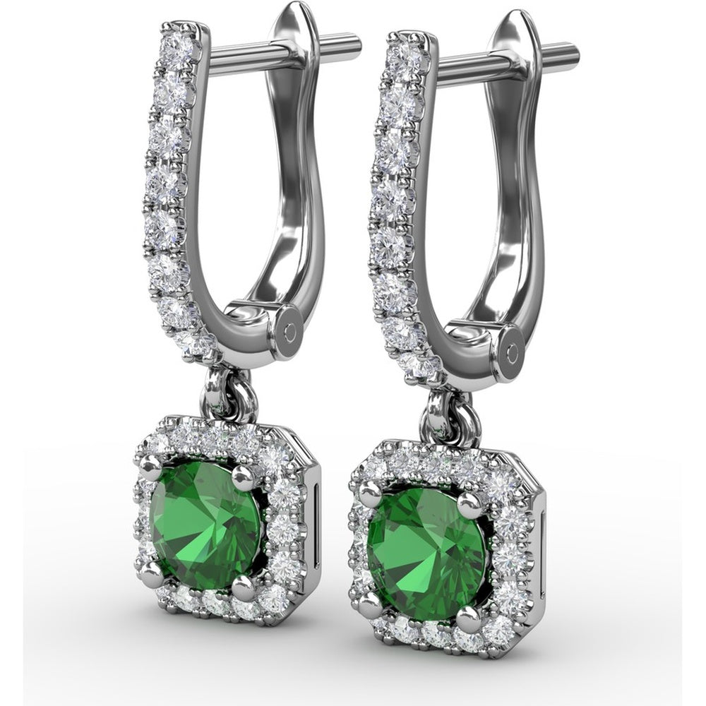 Dangle Earrings with Cushion Cut Emerald and Pavé Diamond Halo by Fana - 0.80 Carat Total Gemstone Weight