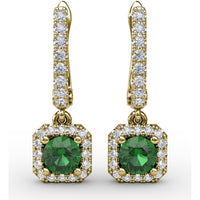 Dangle Earrings with Cushion Cut Emerald and Pavé Diamond Halo by Fana - 0.80 Carat Total Gemstone Weight