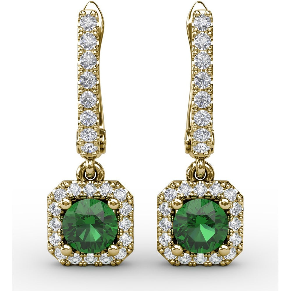 Dangle Earrings with Cushion Cut Emerald and Pavé Diamond Halo by Fana - 0.80 Carat Total Gemstone Weight