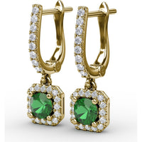 Dangle Earrings with Cushion Cut Emerald and Pavé Diamond Halo by Fana - 0.80 Carat Total Gemstone Weight