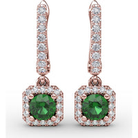 Dangle Earrings with Cushion Cut Emerald and Pavé Diamond Halo by Fana - 0.80 Carat Total Gemstone Weight