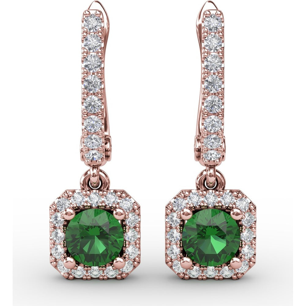Dangle Earrings with Cushion Cut Emerald and Pavé Diamond Halo by Fana - 0.80 Carat Total Gemstone Weight
