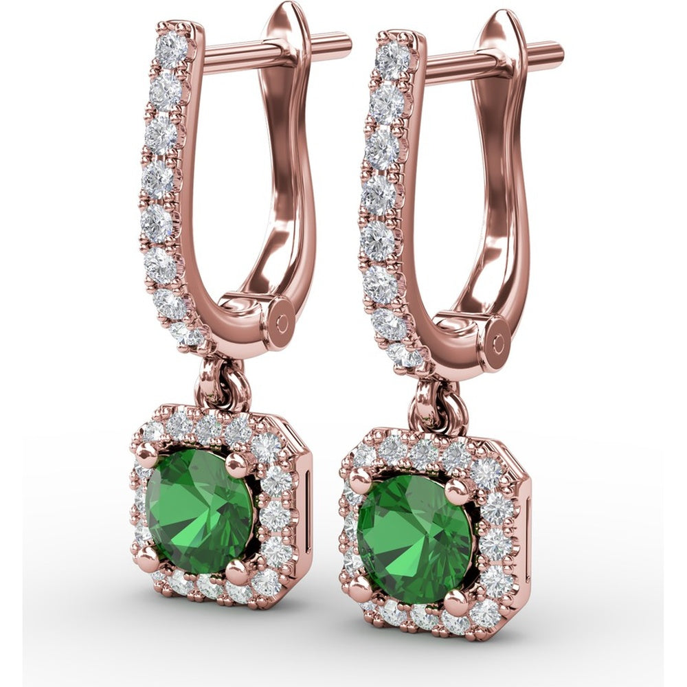 Dangle Earrings with Cushion Cut Emerald and Pavé Diamond Halo by Fana - 0.80 Carat Total Gemstone Weight