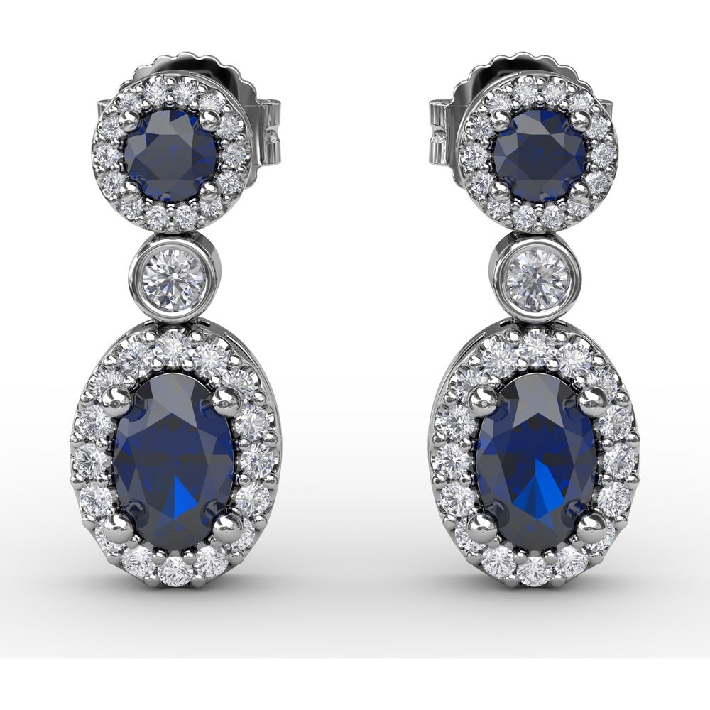 Dangle Earrings with Oval and Round Sapphires and Diamond Halos by Fana - 2.01 Carat Total Gemstone Weight