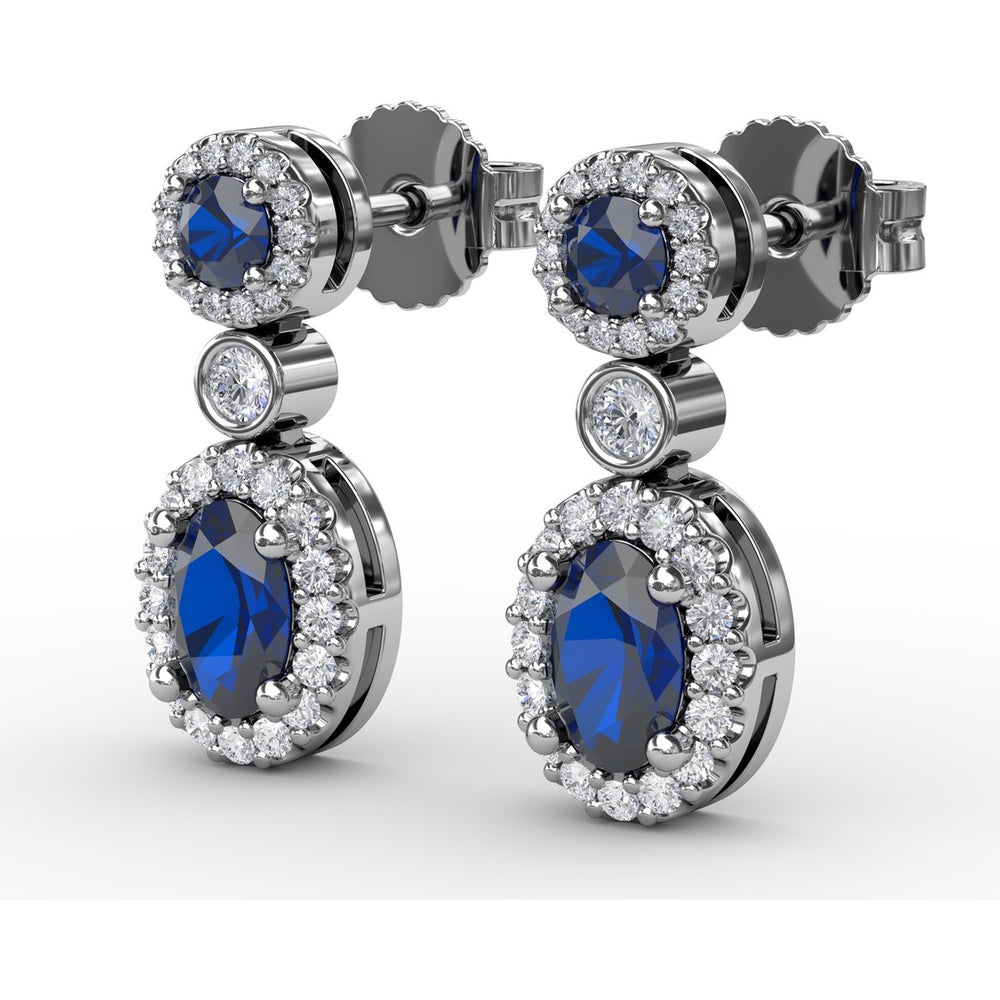 Dangle Earrings with Oval and Round Sapphires and Diamond Halos by Fana - 2.01 Carat Total Gemstone Weight