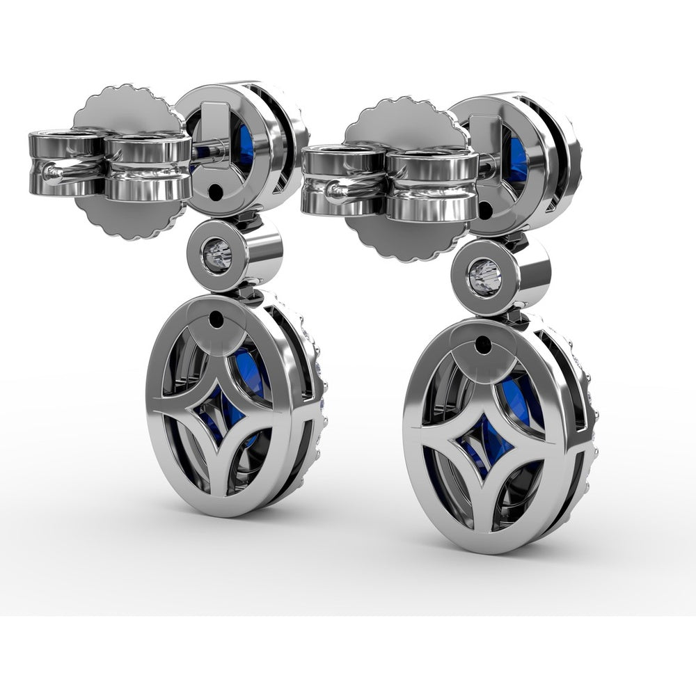 Dangle Earrings with Oval and Round Sapphires and Diamond Halos by Fana - 2.01 Carat Total Gemstone Weight