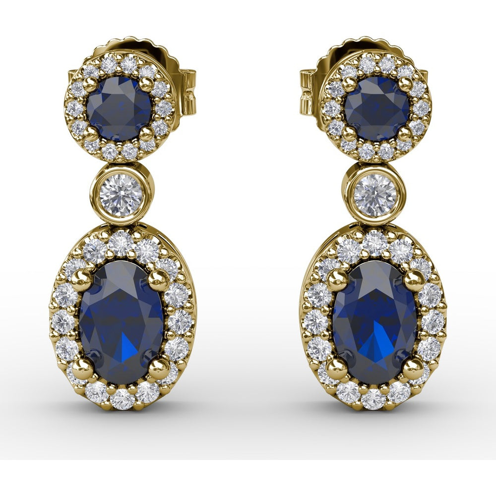 Dangle Earrings with Oval and Round Sapphires and Diamond Halos by Fana - 2.01 Carat Total Gemstone Weight