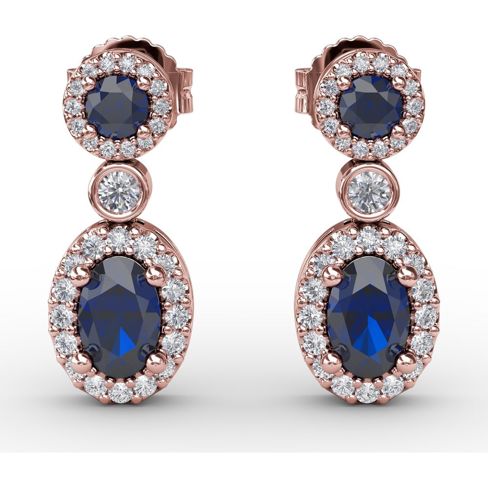 Dangle Earrings with Oval and Round Sapphires and Diamond Halos by Fana - 2.01 Carat Total Gemstone Weight