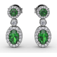 Dangle Earrings with Round and Oval Emerald and Diamond Halo Settings by Fana - 1.57 Carat Total Gemstone Weight