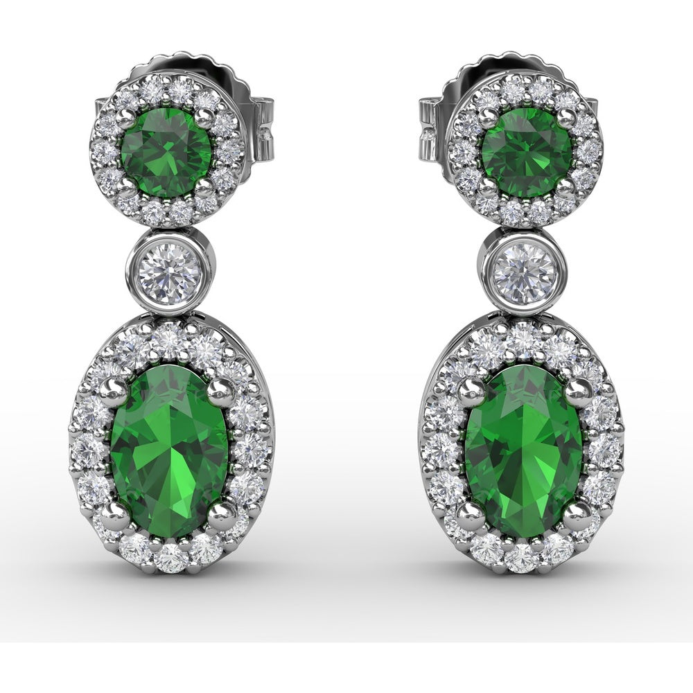 Dangle Earrings with Round and Oval Emerald and Diamond Halo Settings by Fana - 1.57 Carat Total Gemstone Weight